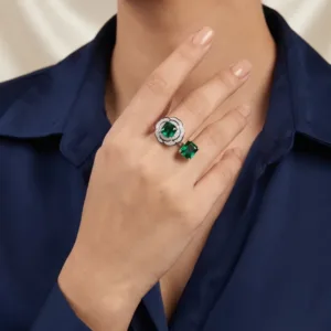 statement 925 silver adjustable ring with green accents styled with navy outfit