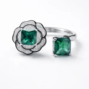 925 silver floral adjustable ring with twin green square accents and sparkling halo design