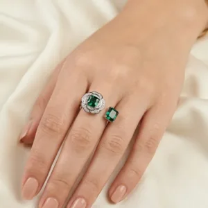 Emerald Duet floral 925 silver adjustable ring worn on hand