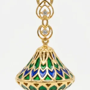 Gold plated jhumka earrings with green and blue accents