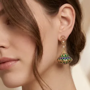 Meher green and blue gold plated jhumka earring worn on ear