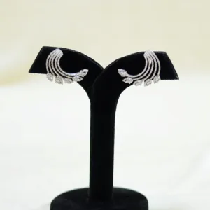 Pair of radiant crescent silver earrings on black display stand
